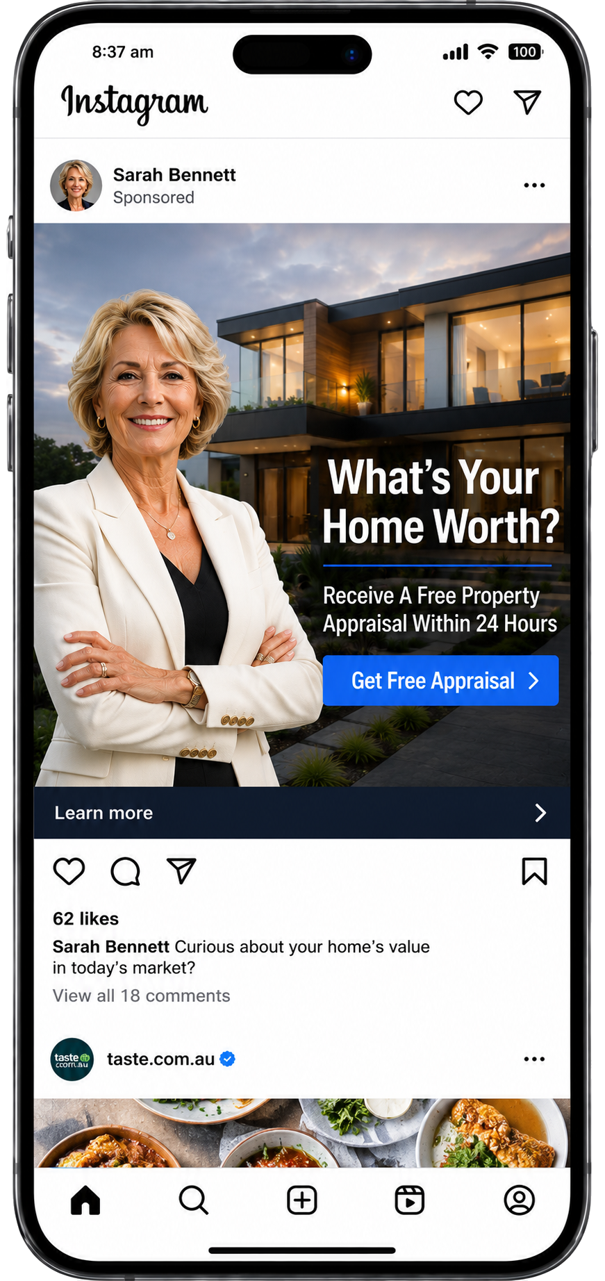 Instagram ad for a real estate agent asking homeowners 'What's your home worth?'
