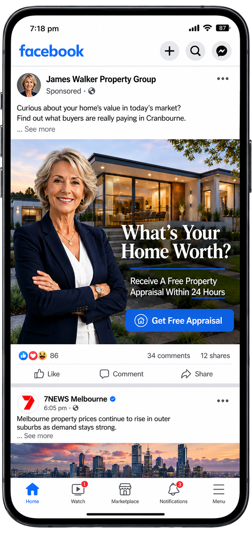 Facebook ad targeting homeowners thinking of selling in their suburb